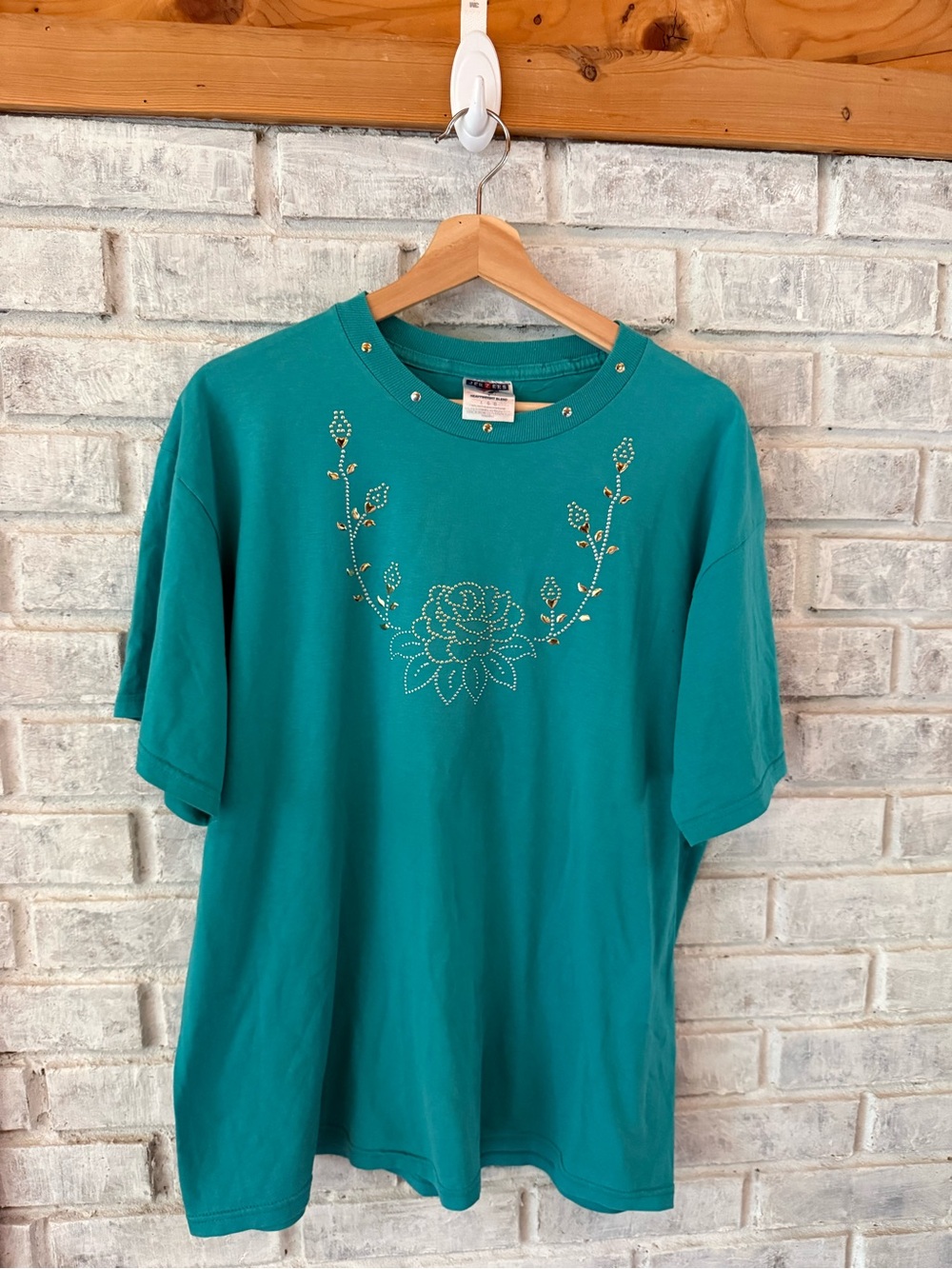 Jerzees Teal Short Sleeve Tee with Floral Stud Embellishment